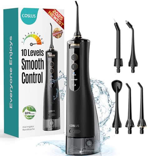 COSLUS Cordless Water Flosser Dental Pick for Teeth Braces Gums Care Advanced 10 Pressure Settings for Multiple Users Rechargeable Portable for Travel BPAFree Black E40WFP14