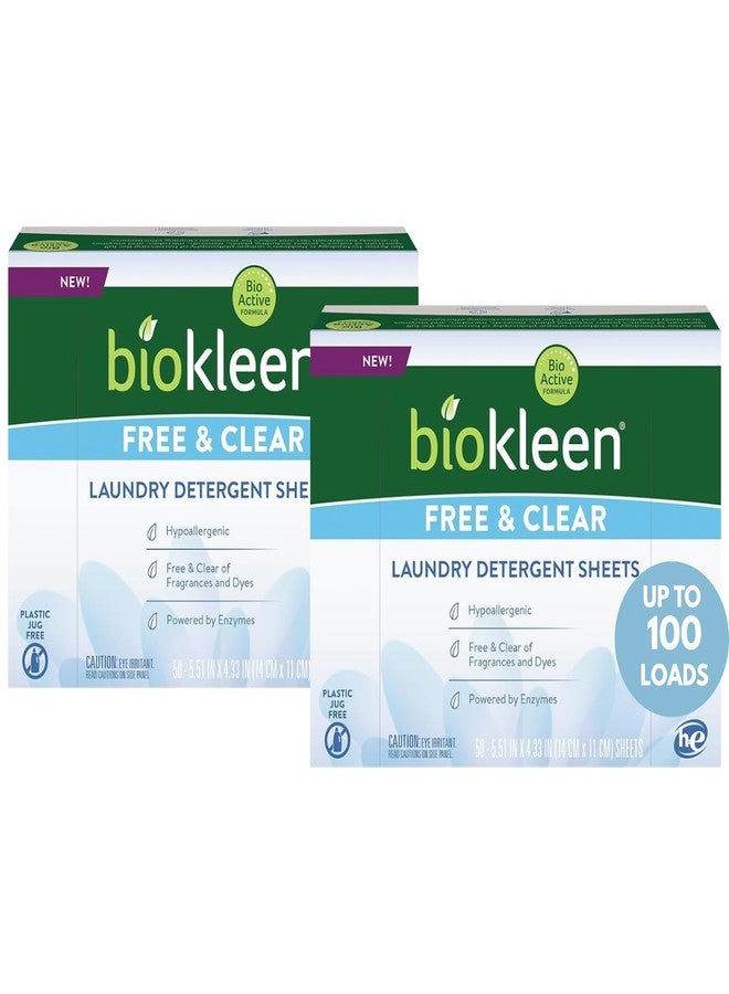 Biokleen Laundry Detergent Sheets (2 PACK) - Free & Clear From Fragrances and Dyes, Hypoallergenic Enzymatic Cleaning - 100 Sheets, 200 Loads - Image 1