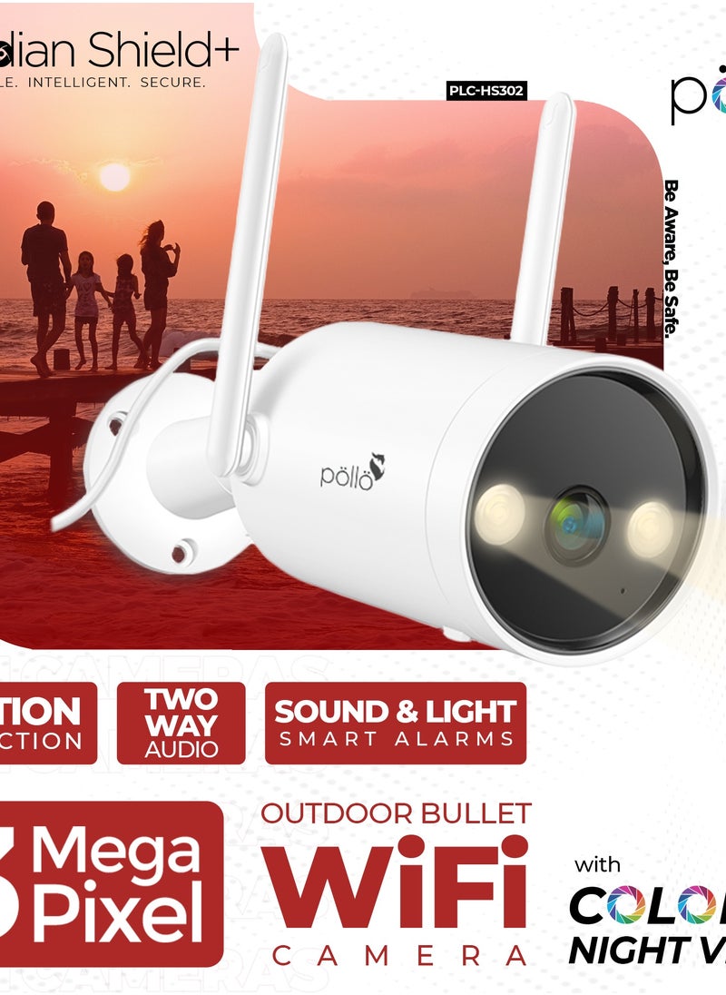 3MP 2K Guardian Shield Outdoor Indoor Smart Wi-Fi Security Camera, Colour Night Vision, 2-Way Audio, Motion Detection, IP66 Protection