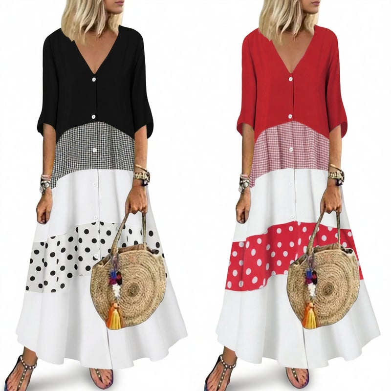 V Neck Short Sleeve Printed Long Dress Button Casual Dress - Image 2