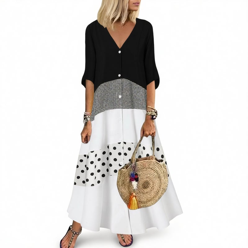 V Neck Short Sleeve Printed Long Dress Button Casual Dress - Image 3