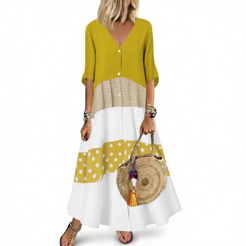 V Neck Short Sleeve Printed Long Dress Button Casual Dress - Image 4