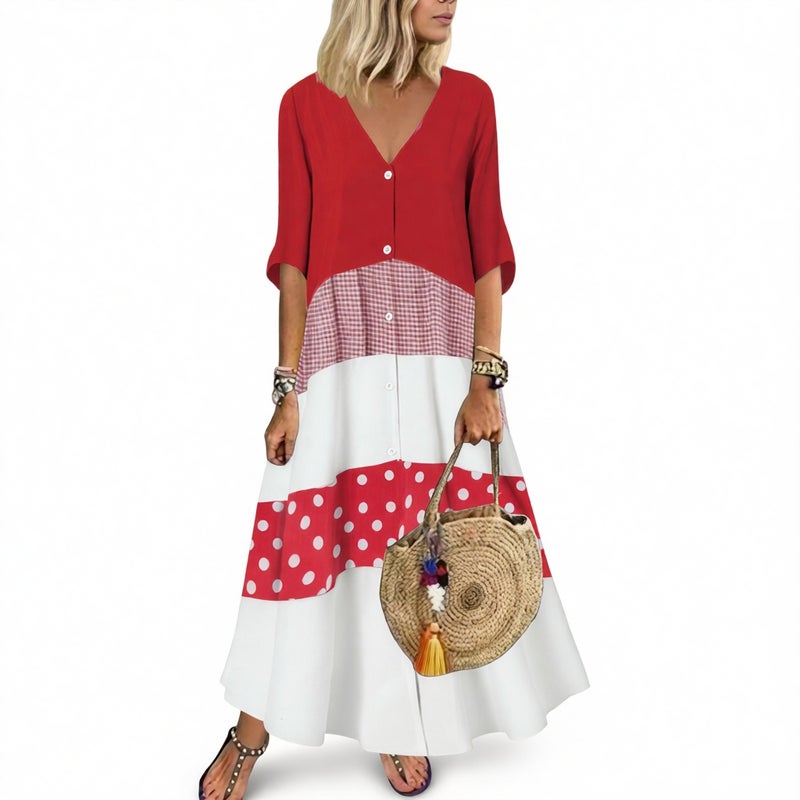 V Neck Short Sleeve Printed Long Dress Button Casual Dress - Image 5
