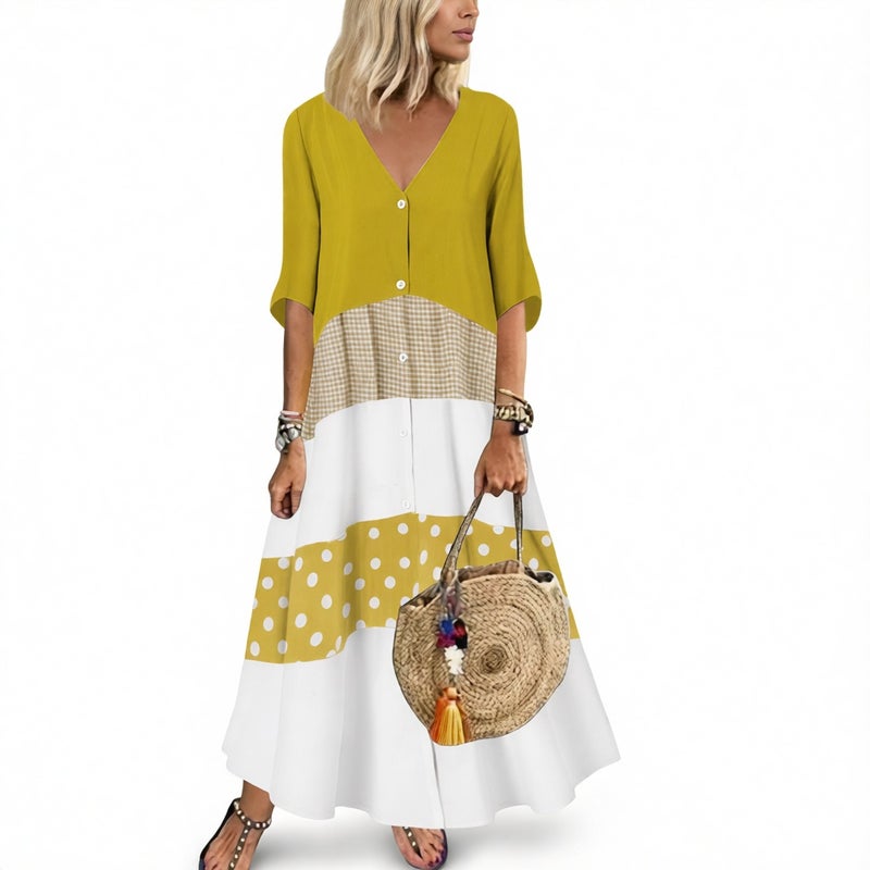 V Neck Short Sleeve Printed Long Dress Button Casual Dress - Image 1
