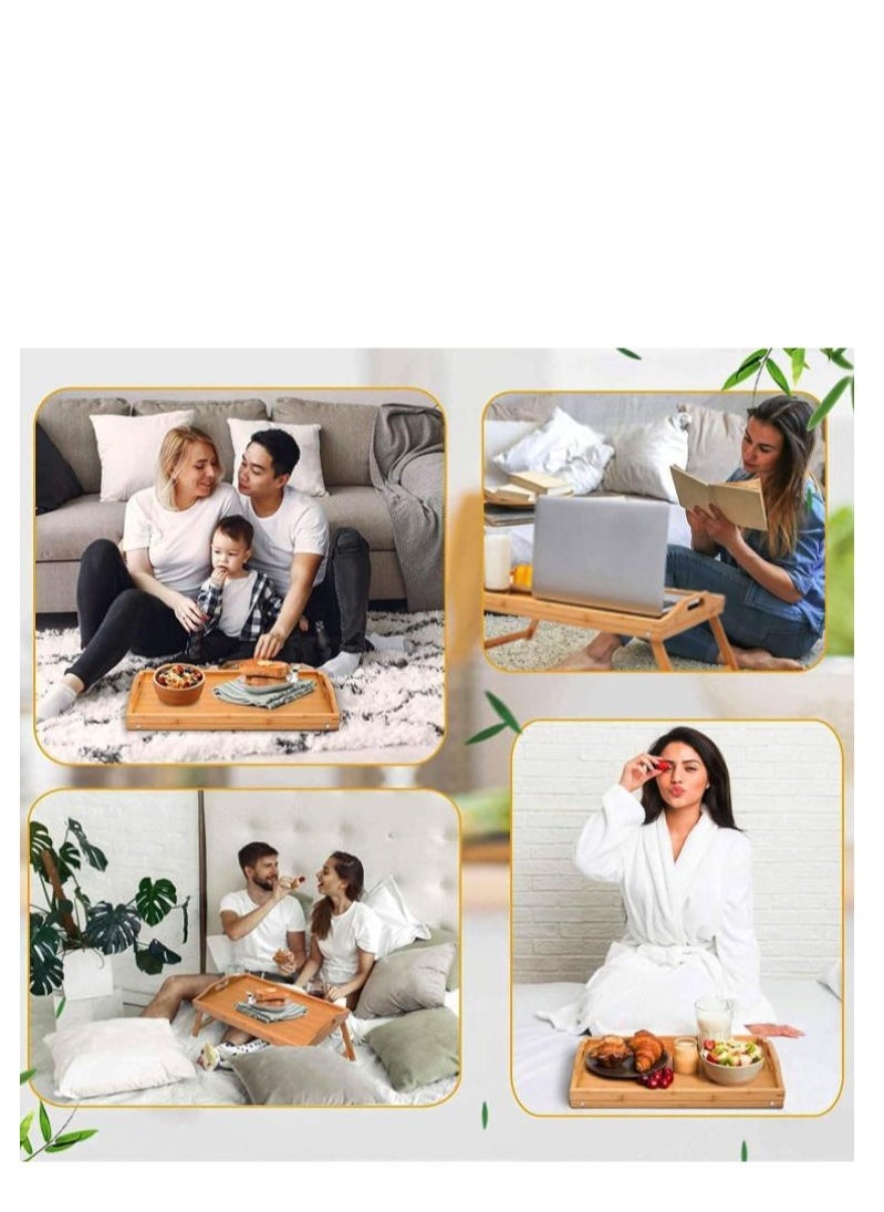 Golden - Bed Food Table Bamboo with Foldable Legs Small Folding Food Tray, Portable Coffee Table for Picnic, Laptop Desk Stand Saving Space Rectangle Desk for Home Dormitory Sofa - Image 1