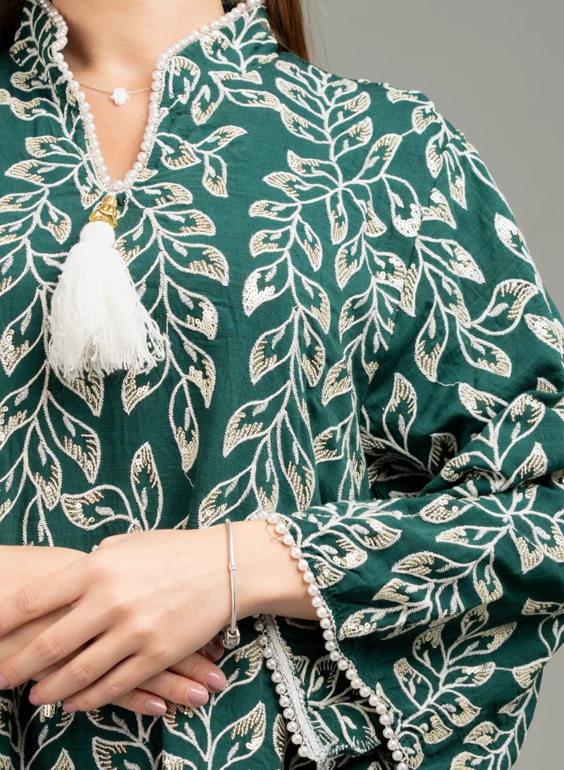 IKKXA Embroidered Leaf Elegance Jalabiya CJ1047 Green