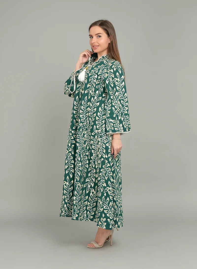 IKKXA Embroidered Leaf Elegance Jalabiya CJ1047 Green