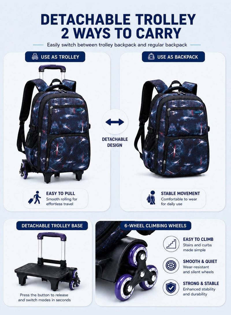 ZIRANYU Kids Rolling Backpack with Detachable Trolley, 3-Piece School Bag Set with Insulated Lunch Bag and Pencil Case, 31L 6-Wheel Bookbag for School & Travel - Image 5