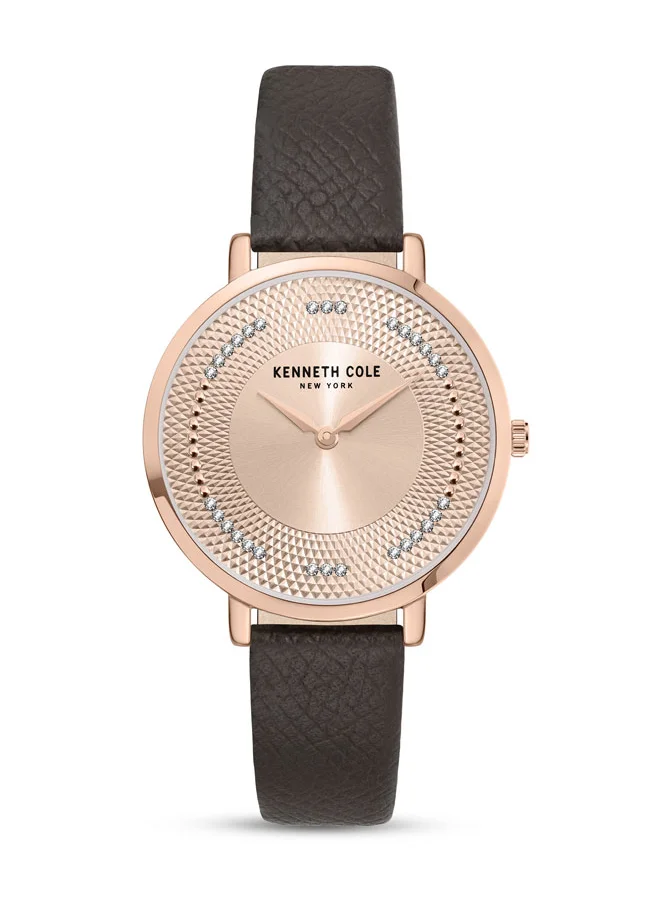 كينيث كول نيو يورك Kenneth Cole New York 34mm Analog Women's Watch with Rose Gold Dial & Brown Genuine Leather Strap
