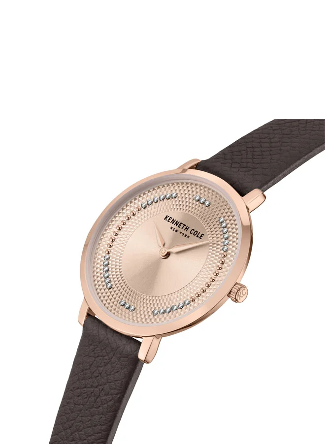 كينيث كول نيو يورك Kenneth Cole New York 34mm Analog Women's Watch with Rose Gold Dial & Brown Genuine Leather Strap