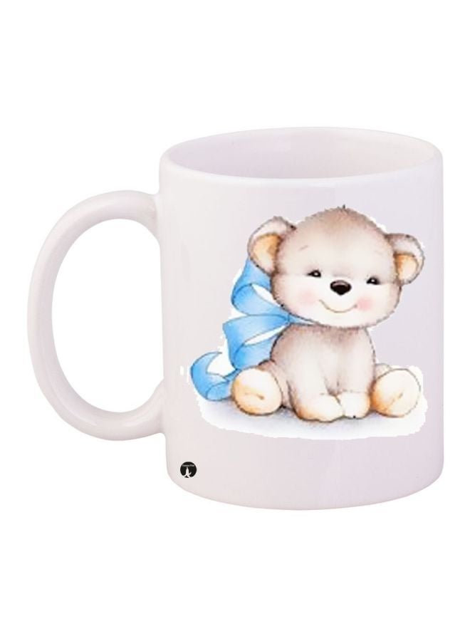 RYN Teddy Bear Printed Coffee Mug White/Beige/Blue 11ounce