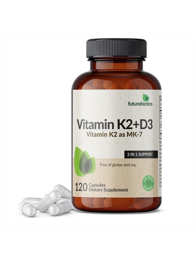 Futurebiotics مكمل فيتامين K2 (MK7) مع D3 - تركيبة غير معدلة وراثيًا - 5000 وحدة دولية من فيتامين D3 و 90 ميكروغرام من فيتامين K2 MK-7، 120 كبسولة نباتية - Image 1