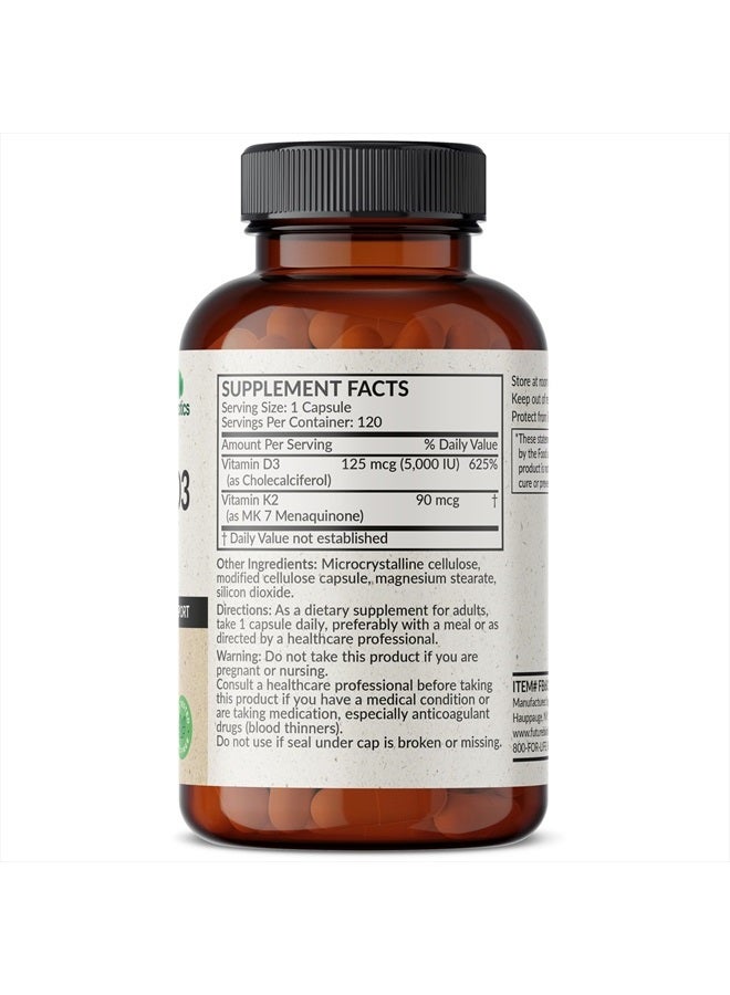 Futurebiotics مكمل فيتامين K2 (MK7) مع D3 - تركيبة غير معدلة وراثيًا - 5000 وحدة دولية من فيتامين D3 و 90 ميكروغرام من فيتامين K2 MK-7، 120 كبسولة نباتية - Image 2