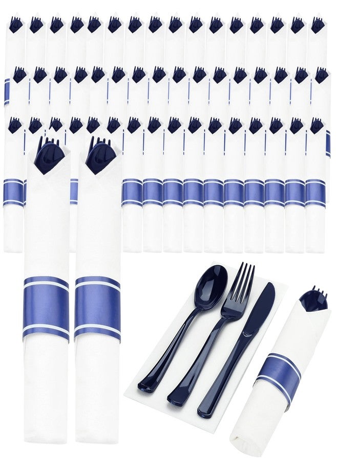 Goodluck 50 Set Dark Blue Pre Rolled Plastic Cutlery Set, Wrapped Silverware Set with 50 Forks, 50 Knives, 50 Spoons and 50 Napkins, Perfect for Party, Wedding, Christmas - Image 1
