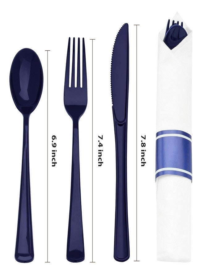Goodluck 50 Set Dark Blue Pre Rolled Plastic Cutlery Set, Wrapped Silverware Set with 50 Forks, 50 Knives, 50 Spoons and 50 Napkins, Perfect for Party, Wedding, Christmas - Image 2