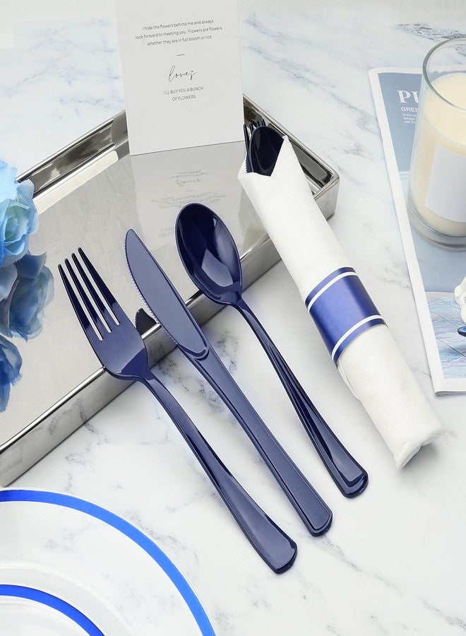 Goodluck 50 Set Dark Blue Pre Rolled Plastic Cutlery Set, Wrapped Silverware Set with 50 Forks, 50 Knives, 50 Spoons and 50 Napkins, Perfect for Party, Wedding, Christmas - Image 3
