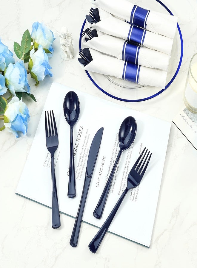 Goodluck 50 Set Dark Blue Pre Rolled Plastic Cutlery Set, Wrapped Silverware Set with 50 Forks, 50 Knives, 50 Spoons and 50 Napkins, Perfect for Party, Wedding, Christmas - Image 4