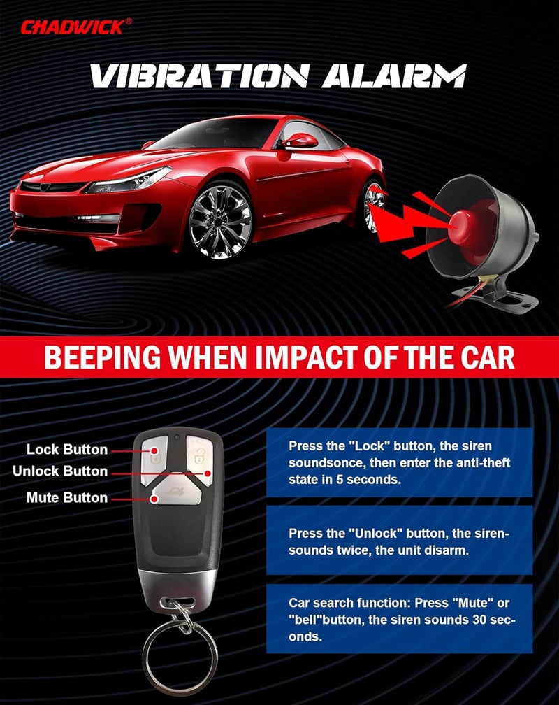 CHADWICK Car Horn Siren Alarm,Universal Car Alarm Security Protection System with 2 Remote Controls,7-Level Sensitivity,12v,Anti-Theft Device,No Thread Trimmin,Non-Destructive Installation (CW-8107) - Image 3