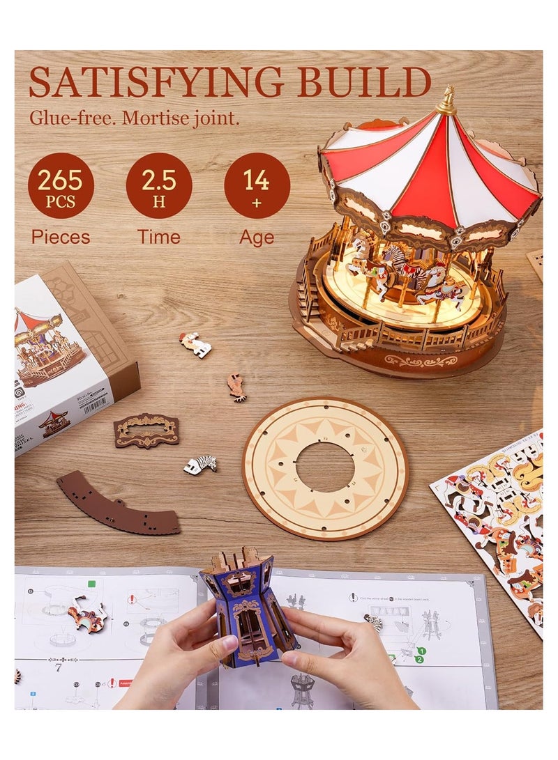 Robotime Rolife Classic Carousel 3D Wooden Puzzle AMC01 Premium Building Kits for Adults & Teens - Decorative Home Décor, Ramadan & Holiday Gift (Eid and Birthday) for Puzzle Enthusiasts, Stress Relief STEM Project - Image 2
