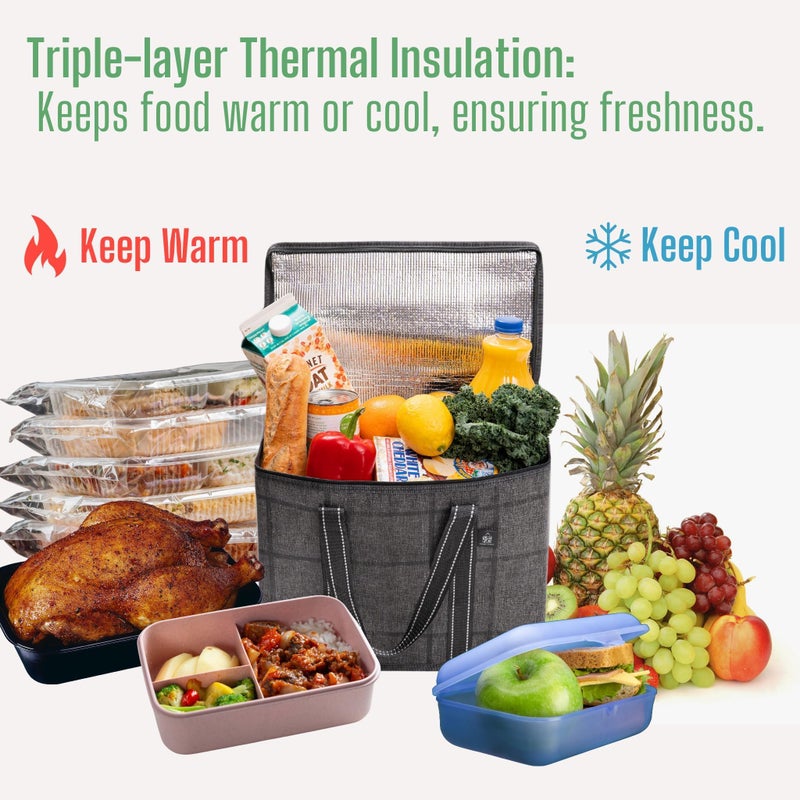 VENO 2 Pack Cooler Bag and Insulated Grocery Bags for Food Delivery, Collapsible Cooler. Reusable Shopping Bags for Groceries with Hard Bottom, Zippered, Foldable, Heavy-Duty (Windowpane, 2 Pack) - Image 2
