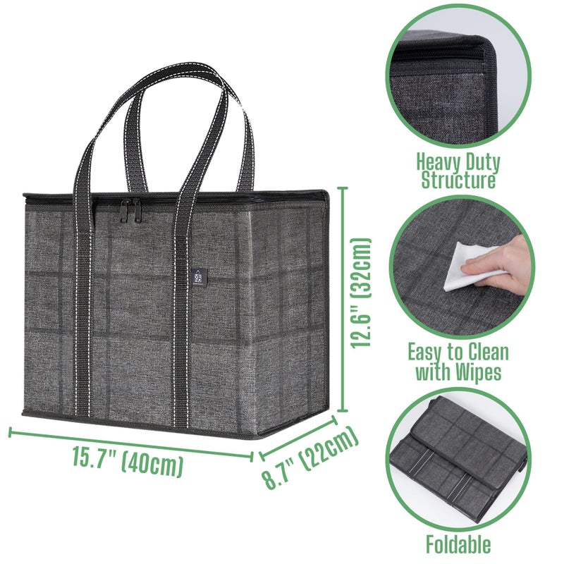 VENO 2 Pack Cooler Bag and Insulated Grocery Bags for Food Delivery, Collapsible Cooler. Reusable Shopping Bags for Groceries with Hard Bottom, Zippered, Foldable, Heavy-Duty (Windowpane, 2 Pack) - Image 4