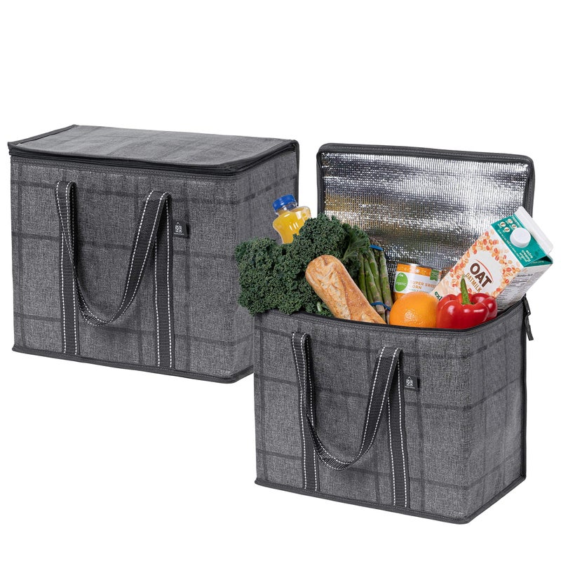 VENO 2 Pack Cooler Bag and Insulated Grocery Bags for Food Delivery, Collapsible Cooler. Reusable Shopping Bags for Groceries with Hard Bottom, Zippered, Foldable, Heavy-Duty (Windowpane, 2 Pack) - Image 1
