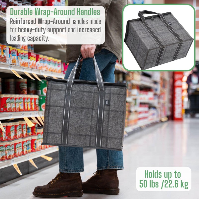 VENO 2 Pack Cooler Bag and Insulated Grocery Bags for Food Delivery, Collapsible Cooler. Reusable Shopping Bags for Groceries with Hard Bottom, Zippered, Foldable, Heavy-Duty (Windowpane, 2 Pack) - Image 5