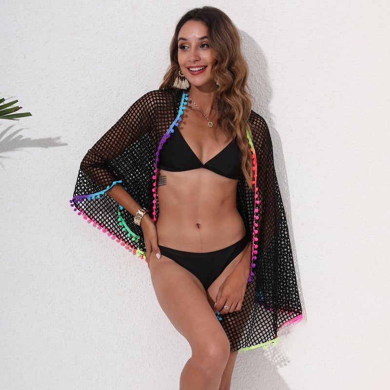 Colorful Fringe Bikini Cover-Up Wrap Skirt Z786 Black  - Image 4