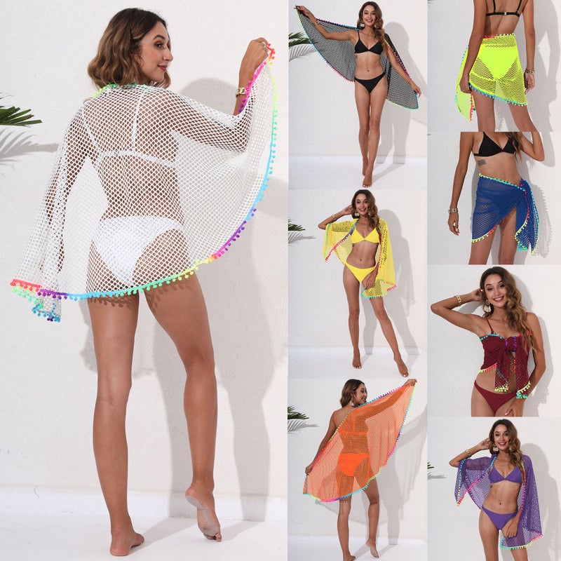 Colorful Fringe Bikini Cover-Up Wrap Skirt Z786 Black  - Image 3