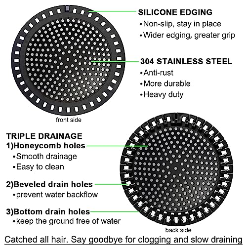 Seatery 2PCS Shower Hair Drain Catcher/Strainer/Cover/Filter/Trap, Hair Stopper Floor Drain, Stainless Steel with Silicone Edge Drain Protector, Black, 4.75 Inch Diameter - Image 5