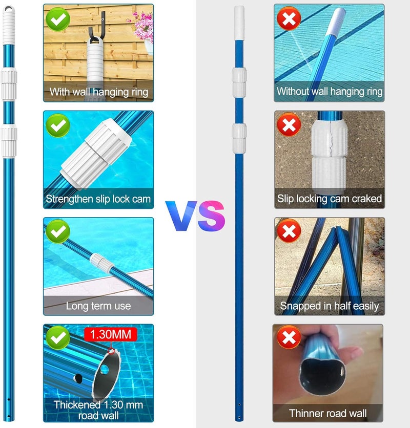 CKE Upgraded 12 Feet Thicken 1.3mm Blue Aluminum Telescoping Swimming Pool Pole,Adjustable 3 Piece Expandable Step-Up,Attach Connect Skimmer Nets,Rakes,Brushes,Vacuum Heads with Hoses, Universal 1.25" - Image 4
