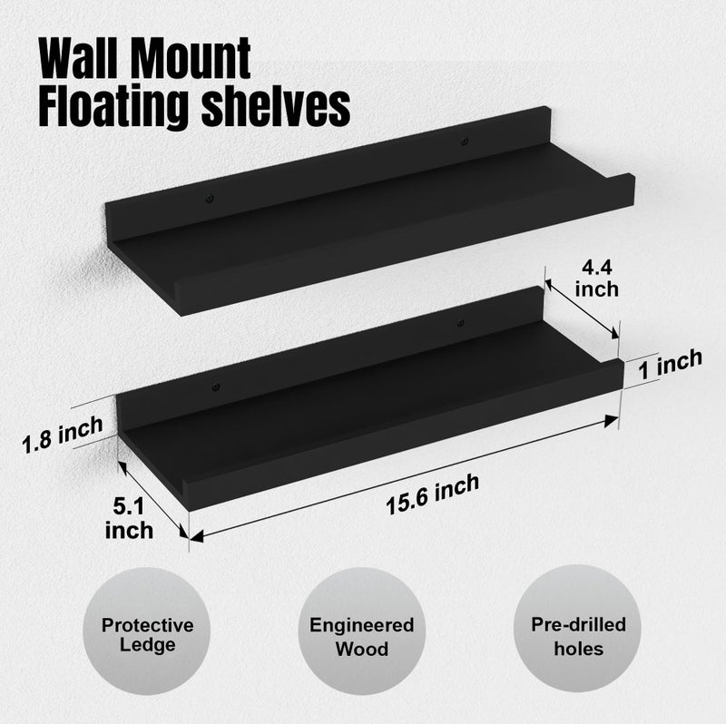 Boswillon Floating Shelves Wall Mounted Set of 2, Modern Black Wall Shelves for Storage with Lip, Display Picture Ledge Shelf for Wall Decor Bedroom Living Room Bathroom Kitchen - Image 2