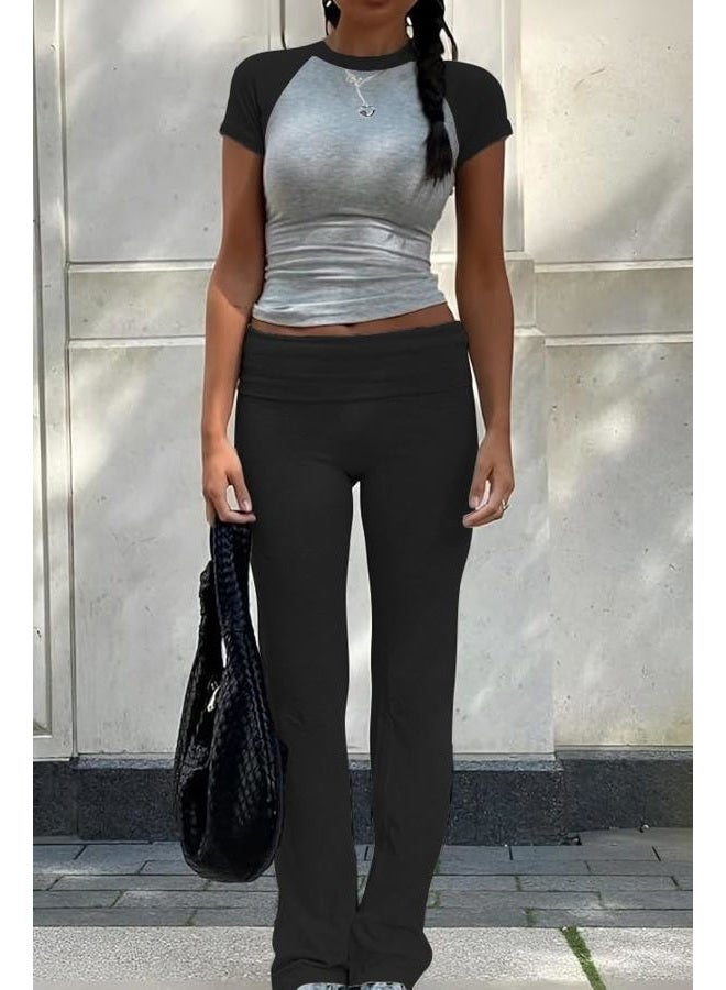 ZFLM Casual Workout Two Piece Outfits for Women Short Sleeve Crop High Waist Foldover Flare Pants Tracksuit Sets Streetwear, Gry+black, M - Image 3