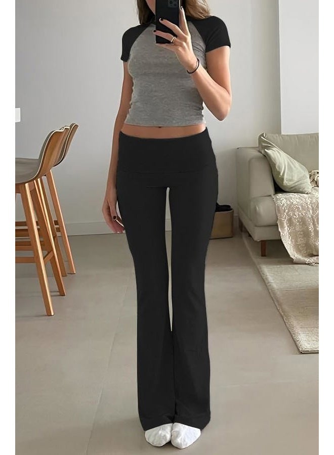ZFLM Casual Workout Two Piece Outfits for Women Short Sleeve Crop High Waist Foldover Flare Pants Tracksuit Sets Streetwear, Gry+black, M - Image 4