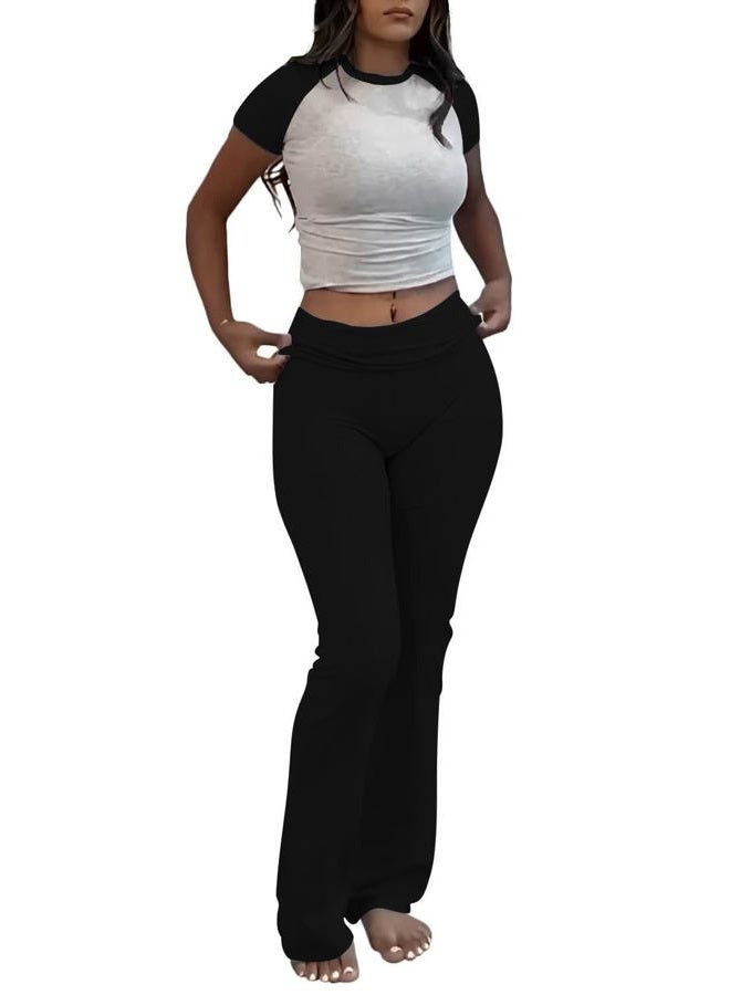 ZFLM Casual Workout Two Piece Outfits for Women Short Sleeve Crop High Waist Foldover Flare Pants Tracksuit Sets Streetwear, Gry+black, M - Image 1
