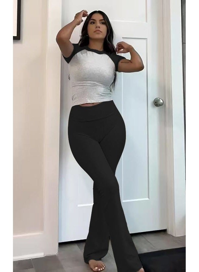 ZFLM Casual Workout Two Piece Outfits for Women Short Sleeve Crop High Waist Foldover Flare Pants Tracksuit Sets Streetwear, Gry+black, M - Image 5
