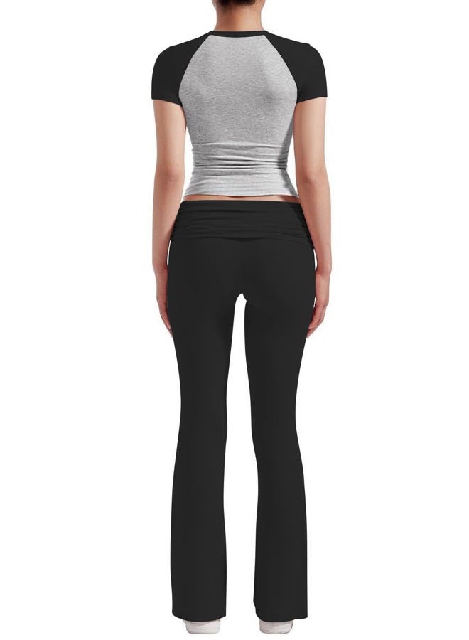 ZFLM Casual Workout Two Piece Outfits for Women Short Sleeve Crop High Waist Foldover Flare Pants Tracksuit Sets Streetwear, Gry+black, M - Image 2