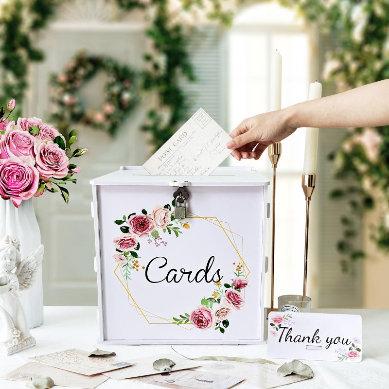 OurWarm PVC White Wedding Card Box with Lock, DIY Gift Card Box for Wedding Reception, Pink Rose Wedding Money Envelope Box for Party Graduation Birthday Baby Shower Decorations - Image 4