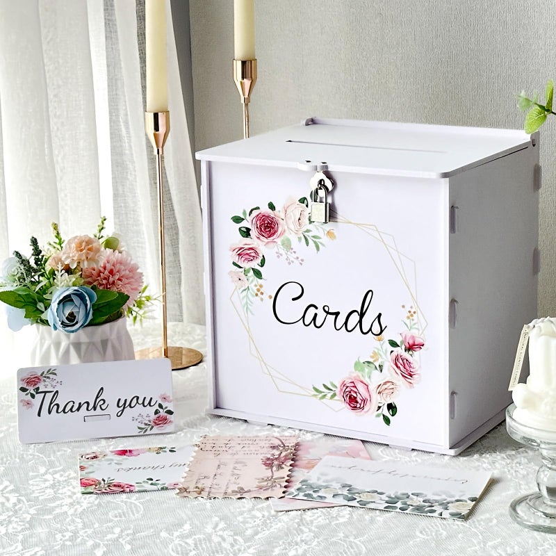 OurWarm PVC White Wedding Card Box with Lock, DIY Gift Card Box for Wedding Reception, Pink Rose Wedding Money Envelope Box for Party Graduation Birthday Baby Shower Decorations - Image 1