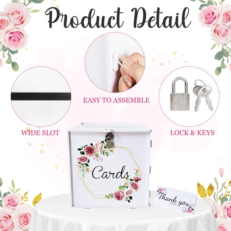 OurWarm PVC White Wedding Card Box with Lock, DIY Gift Card Box for Wedding Reception, Pink Rose Wedding Money Envelope Box for Party Graduation Birthday Baby Shower Decorations - Image 3