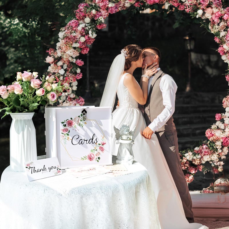 OurWarm PVC White Wedding Card Box with Lock, DIY Gift Card Box for Wedding Reception, Pink Rose Wedding Money Envelope Box for Party Graduation Birthday Baby Shower Decorations - Image 5