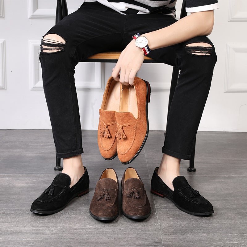 Autumn and winter new velvet matte hair stylist casual shoes British nightclub all-match tassel one-foot slip-on leather shoes men yellow 45 - Image 2
