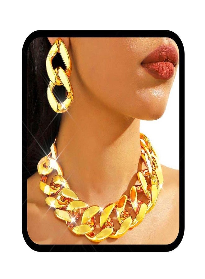 نيكوت طقم عقد وأقراط ذهبية سميكة من نيكوت للنساء، طقم عقد تشوكر ضخم، عقد هيب هوب مميز، مجوهرات (ذهبي) - Image 1