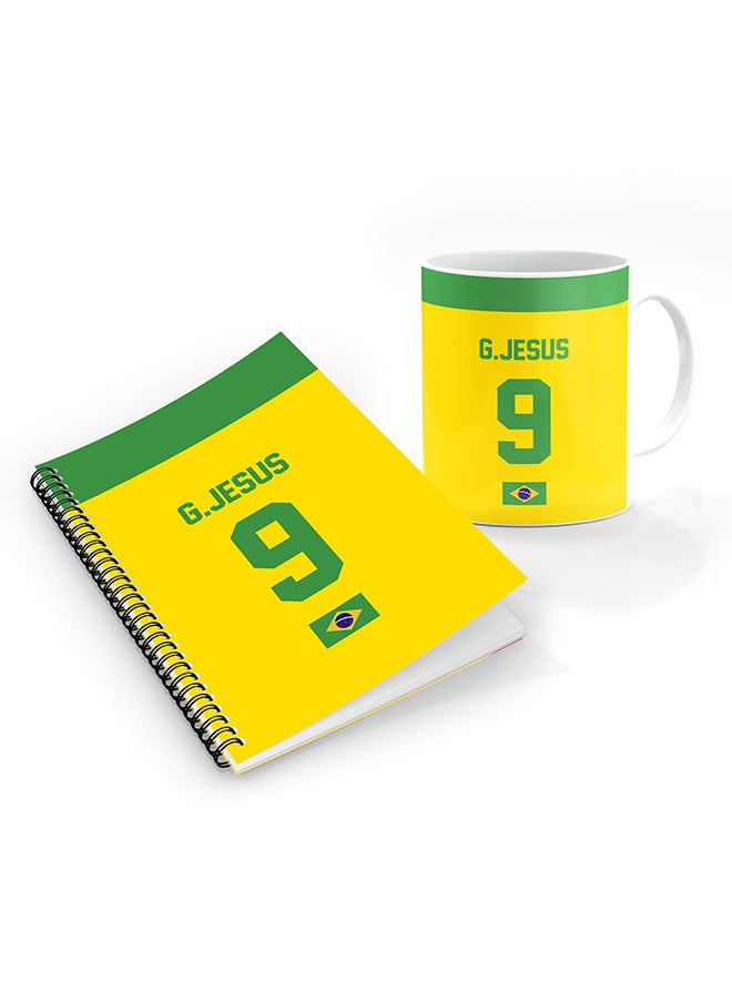 Stylizedd Designer Printed Coffee Mug + A5 Spiral Notebook Memo Notepad Journal Personalised Combo Gift Set Football Team - Brazil,G.Jesus