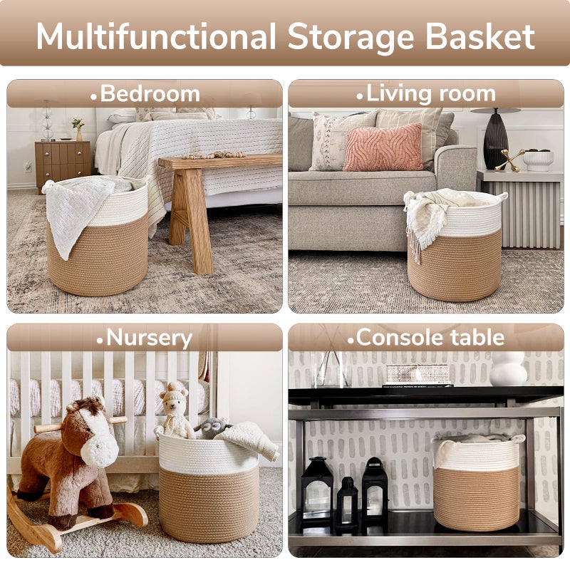 Goodpick Cotton Rope Storage Basket, 15 x 14.2 Inches Jute Woven Basket for Blankets Clothes Organizing, Baby Laundry Baskets Toy Storage With Handle, White Jute - Image 4