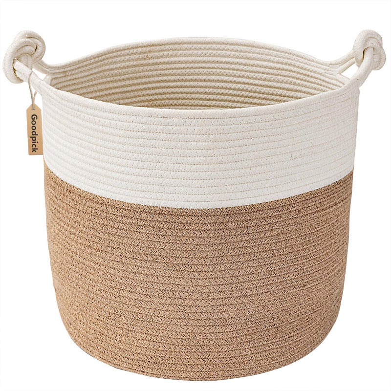 Goodpick Cotton Rope Storage Basket, 15 x 14.2 Inches Jute Woven Basket for Blankets Clothes Organizing, Baby Laundry Baskets Toy Storage With Handle, White Jute - Image 1