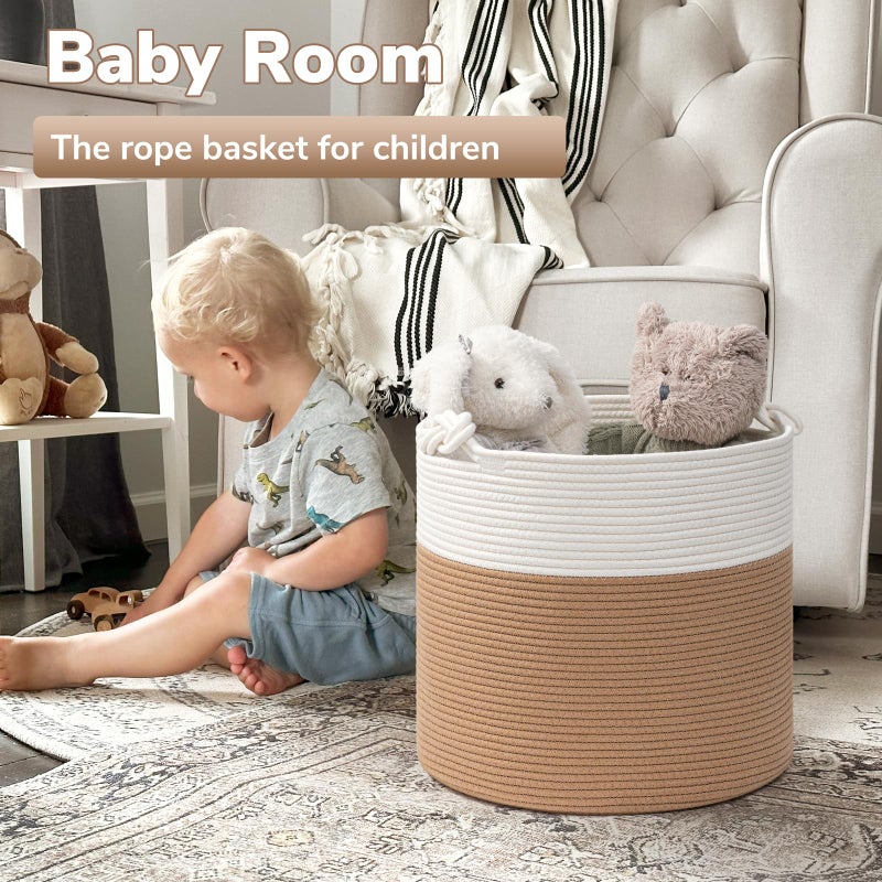 Goodpick Cotton Rope Storage Basket, 15 x 14.2 Inches Jute Woven Basket for Blankets Clothes Organizing, Baby Laundry Baskets Toy Storage With Handle, White Jute - Image 2