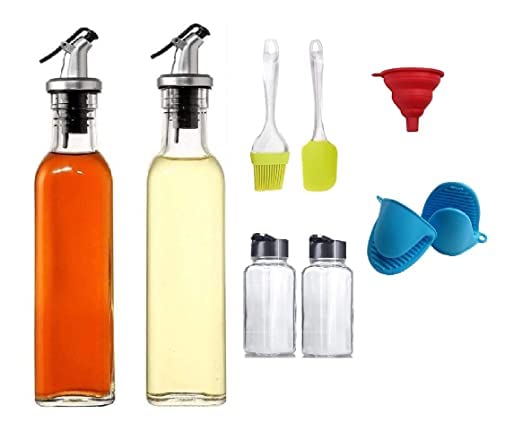 NOBILEA NOBILEA 500 ml Oil Bottle Set of 2 120 ml Glass Square Spice Jar Set of 2 with Silicone Foldable Funnel for Bottle Filing Oil Brush Spatula and Silicon Gloves ComboPack of 8  - Image 1