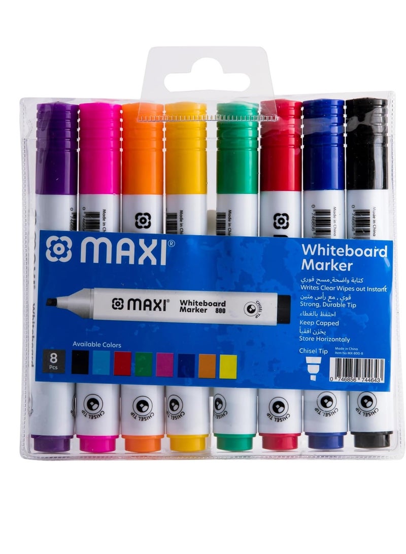 Maxi Whiteboard Marker Set – 8 Assorted Colors (Blue, Black, Red, Green, Orange, Brown, Purple, Pink) with Chisel Tip – Erasable Markers for Kids, Adults, Students, School, Home & Office - Image 1