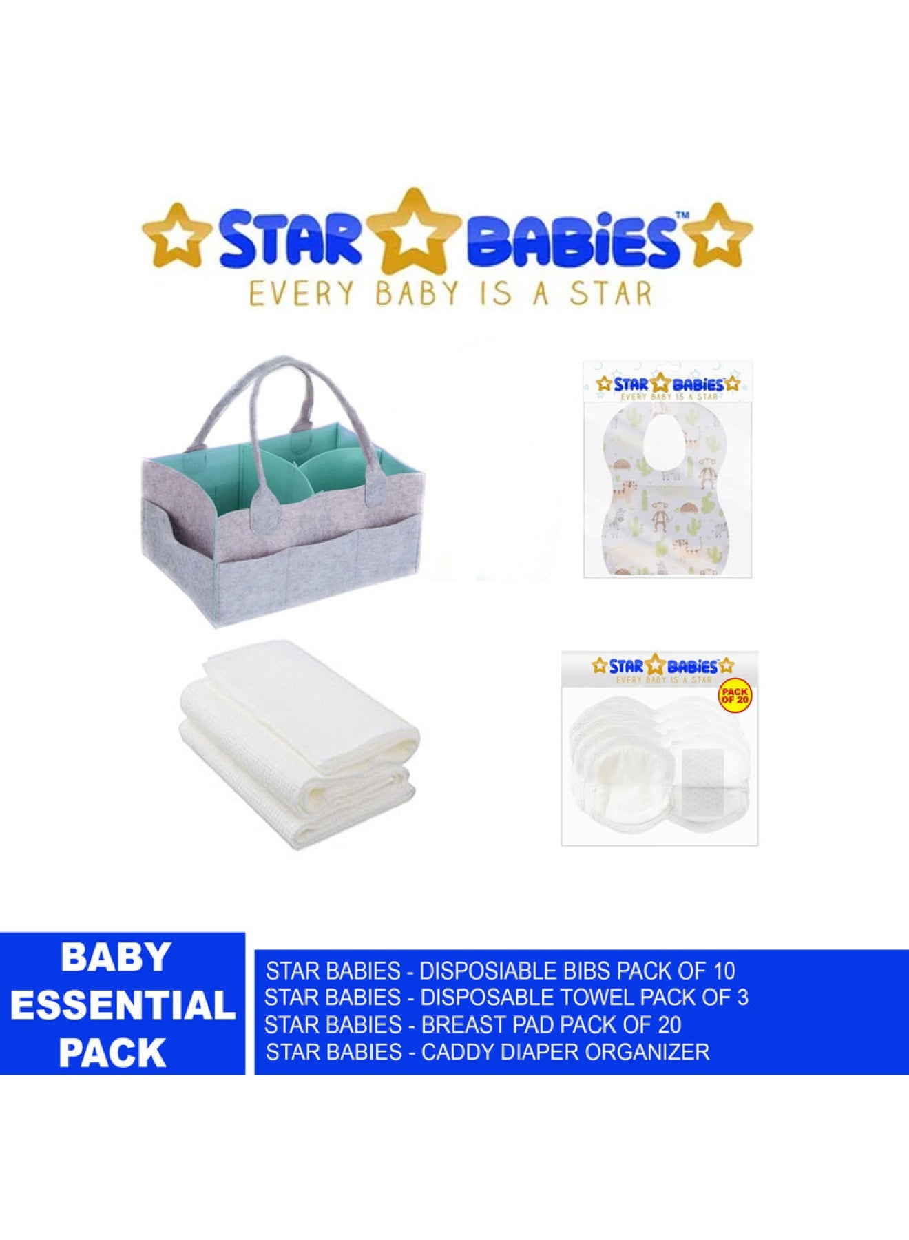 STAR BABiES Baby Essentials Pack Of 4 Caddy Organizer Diaper Bibs 10Pcs Breast Pad 20Pcs Towel 3Pcs